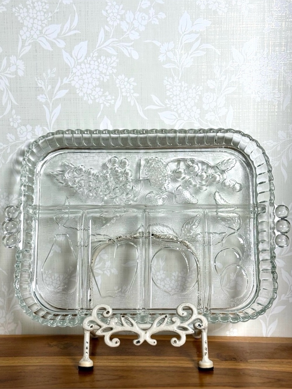 Vintage Indiana Glass Divided Serving Tray, Fruit Embossed